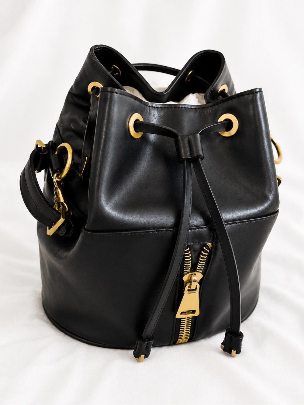 Zara Black Faux Leather Drawstring gold hardware Bucket Bag Crossbody